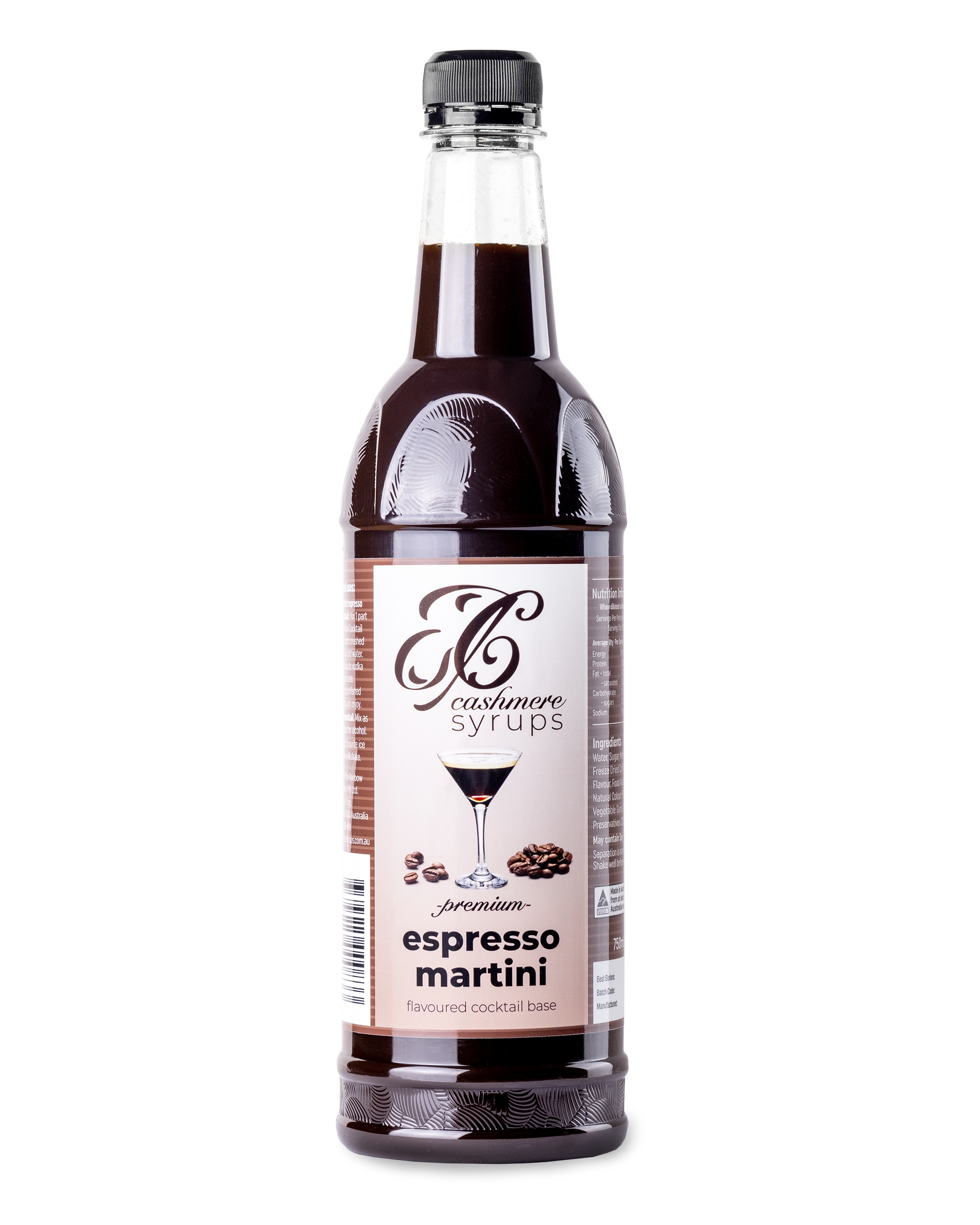 Espresso martini syrup bottle on white background with black cap and bold label design