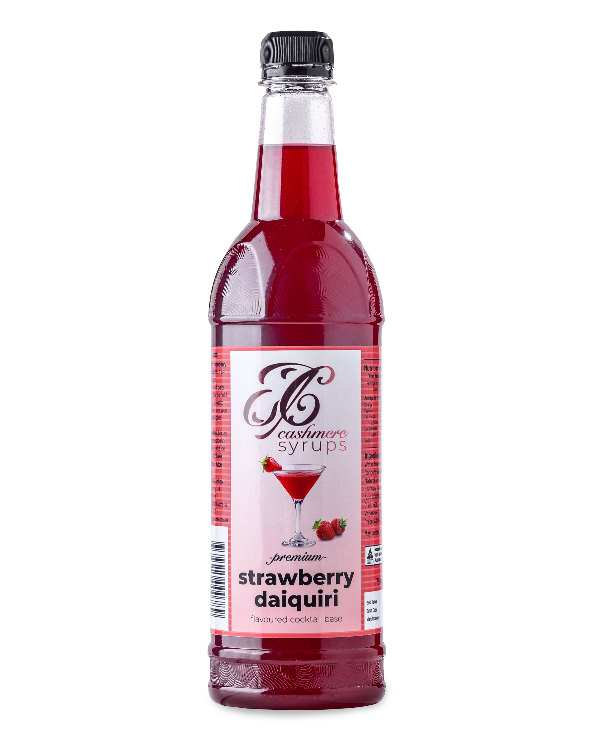Bottle of strawberry daiquiri syrup with red label, styled on a white background