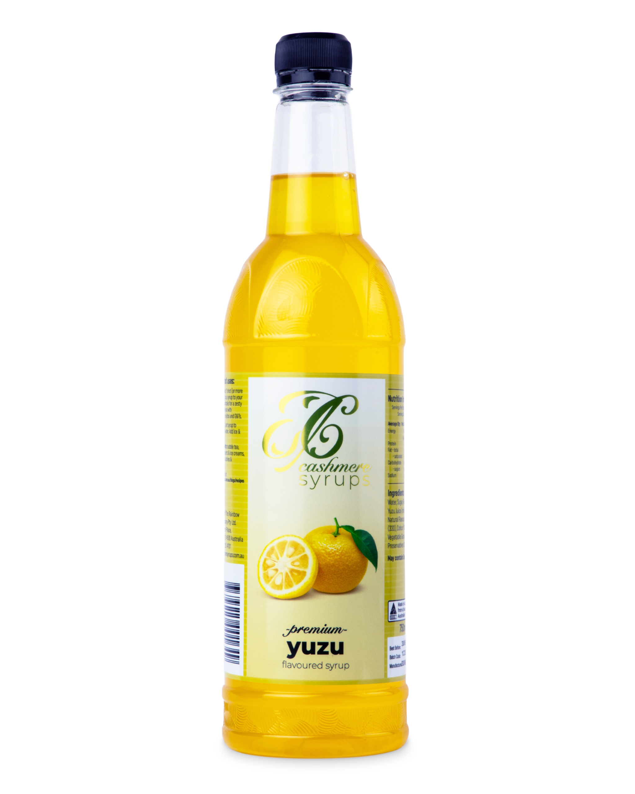 Bottle of yuzu syrup with a yuzu graphic on the label, on a white background