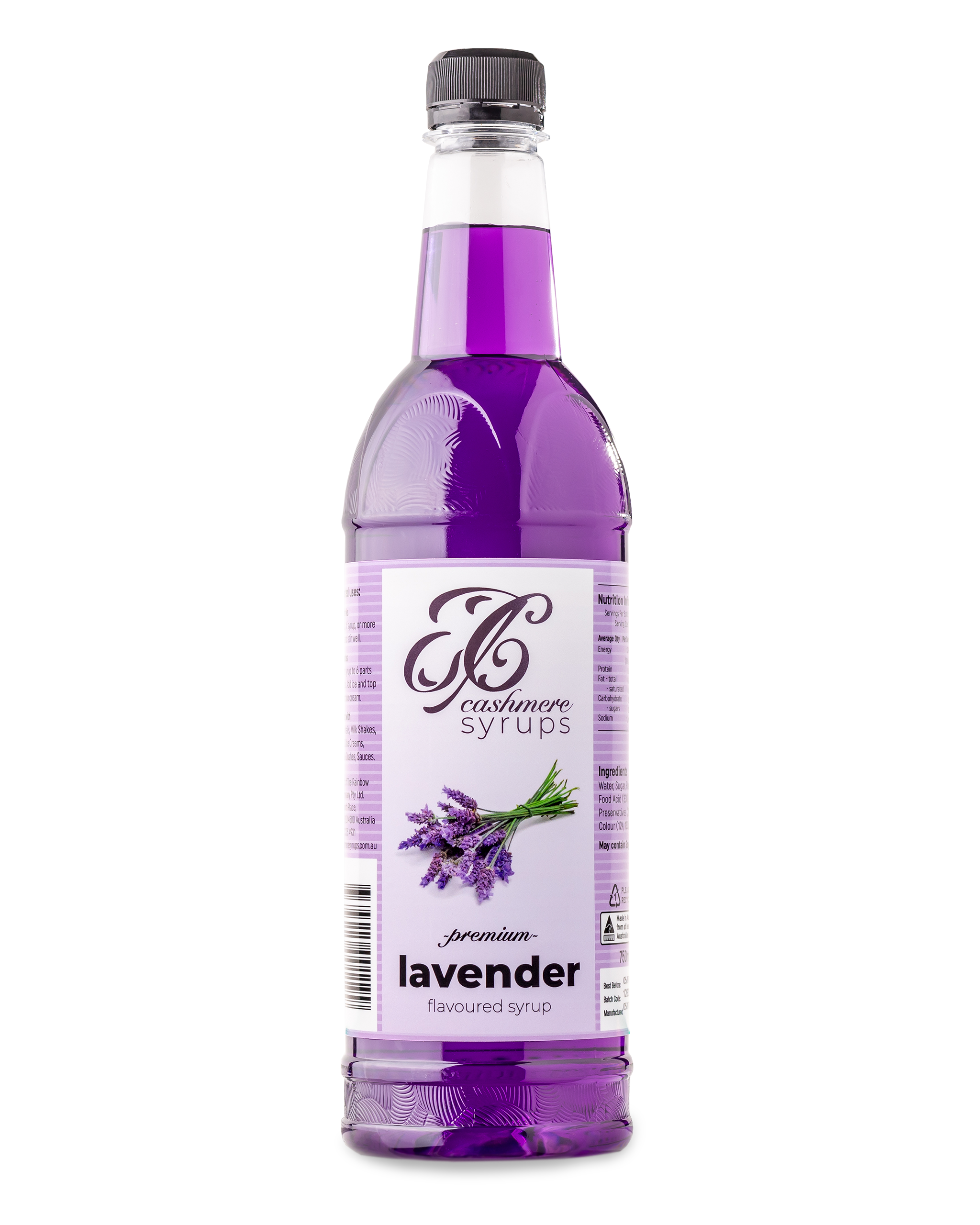 Cashmere Syrups Premium Lavender Syrup | Bottle of Cashmere Syrups Lavender Flavoured Syrup 750mL bottle on white background. The bottle is clear with purple-coloured syrup in side. The label features a picture of a bundle of fresh lavender.