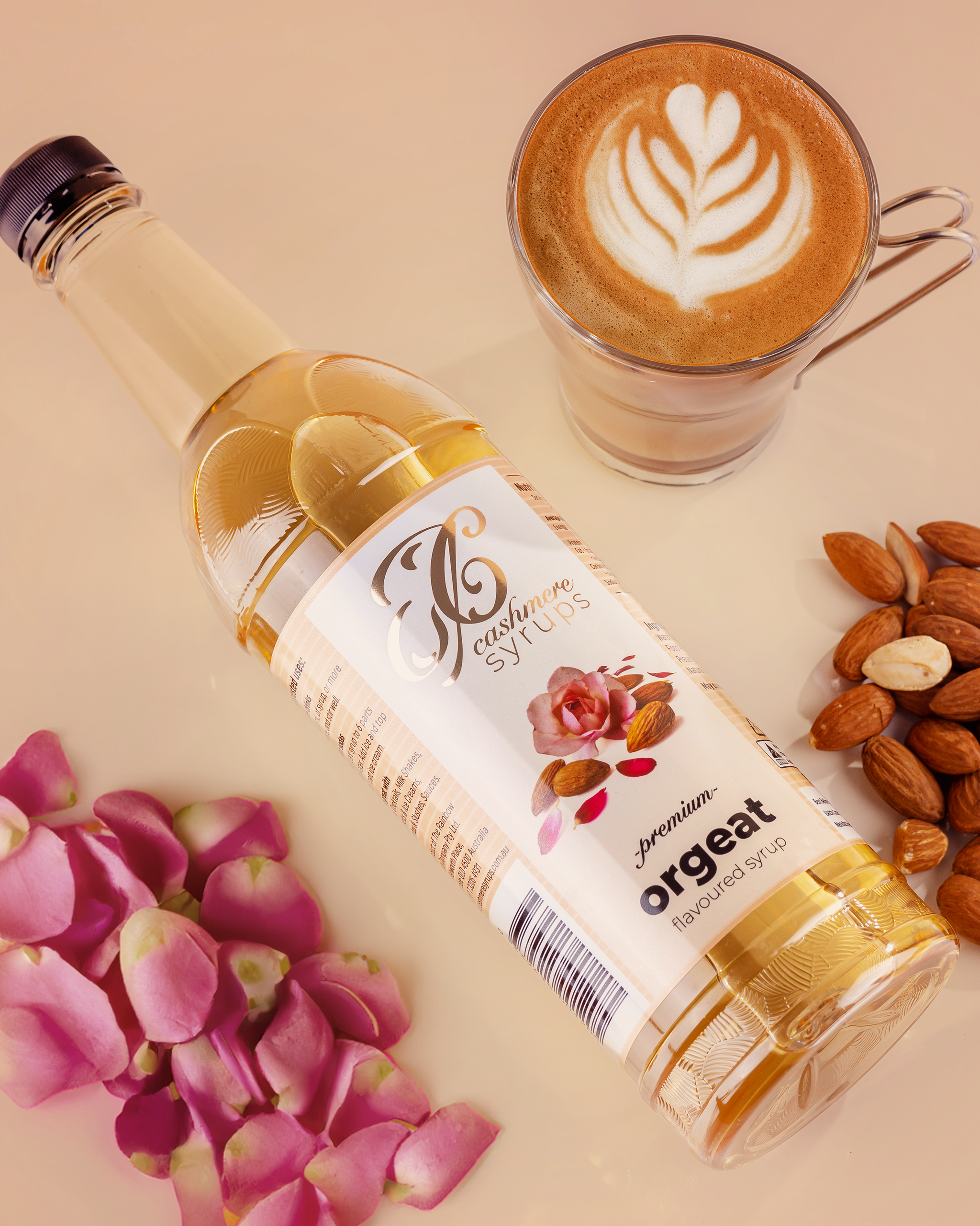 Orgeat Syrup with almonds, rose petals and an orgeat latte