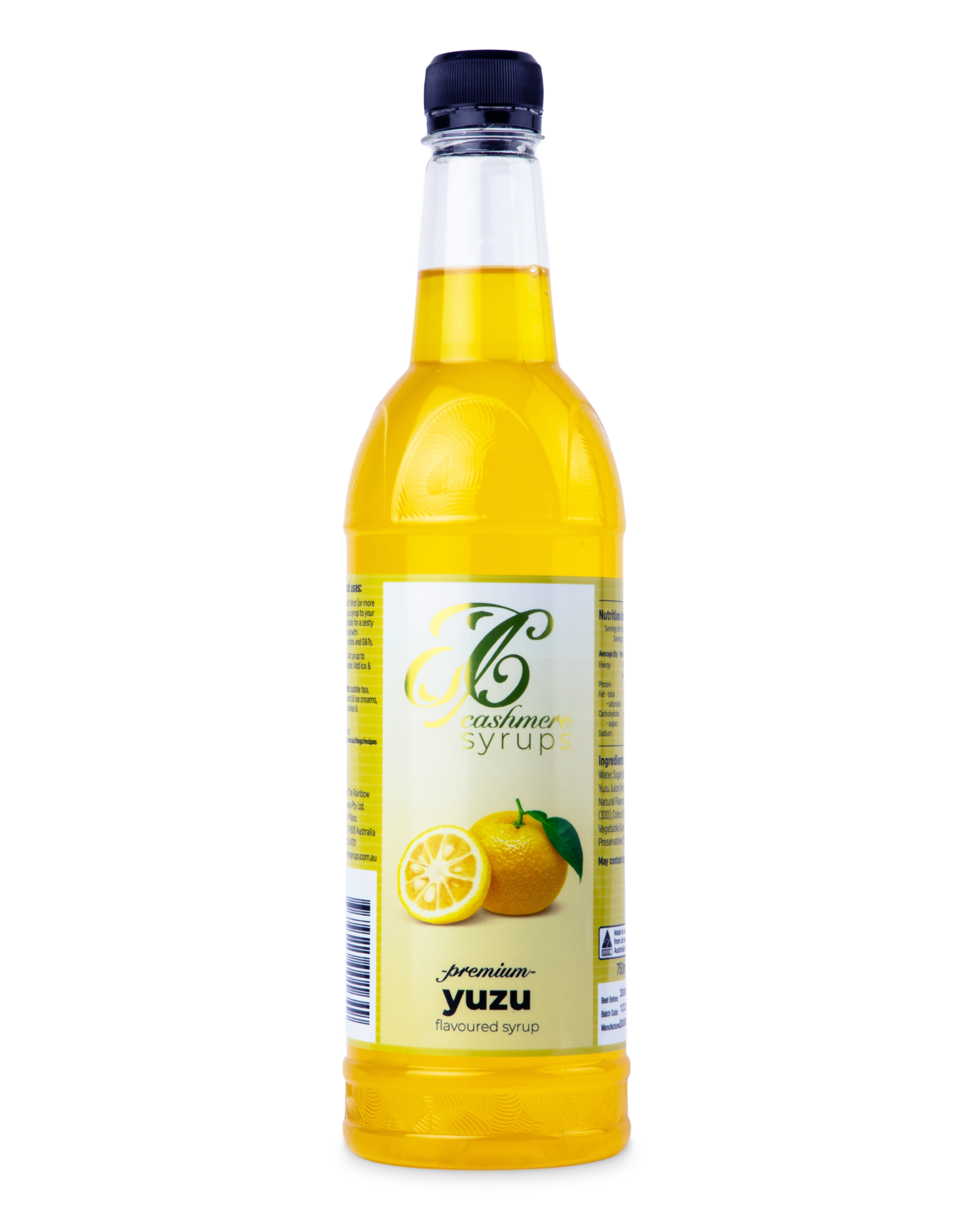 Bottle of yuzu syrup with a yuzu graphic on the label, on a white background